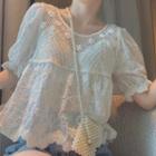 Short-sleeve Crocheted Knit Blouse White - One Size