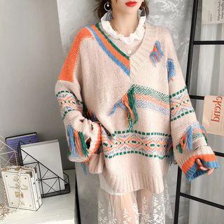 V-neck Print Fringed Sweater
