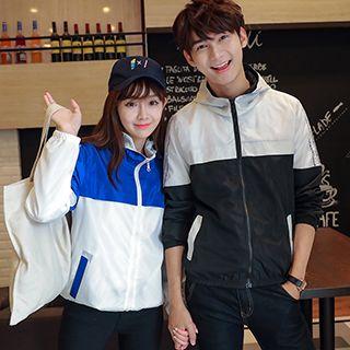 Couple Matching Color Panel Hooded Zip Jacket