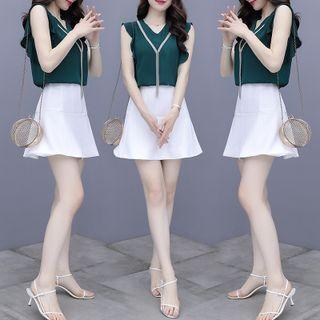 Set: Metal Fringe Sleeveless Blouse + A-line Skirt