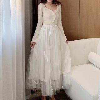 Set: Plain Cardigan + Embroidered Mesh Midi Skirt