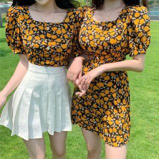 Flower Print Short-sleeve Blouse / Mini A-line Dress