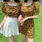 Flower Print Short-sleeve Blouse / Mini A-line Dress