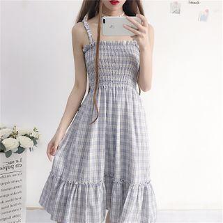 Spaghetti Strap Plaid Midi Dress / Light Jacket