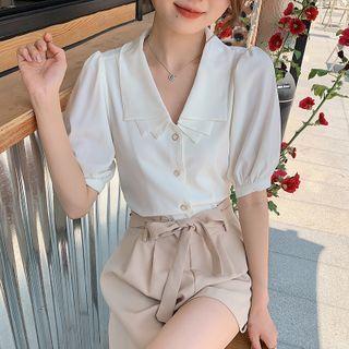 Puff Sleeve Layered Collar Blouse / Tie-waist Plain Shorts