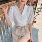 Puff Sleeve Layered Collar Blouse / Tie-waist Plain Shorts