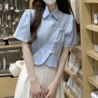 Short-sleeve Frog Button Blouse / Midi A-line Skirt