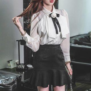 Set: Tie Neck Blouse + Ruffle A-line Skirt