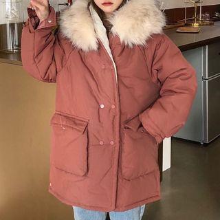 Furry-trim Double-breasted Hooded Padded Coat