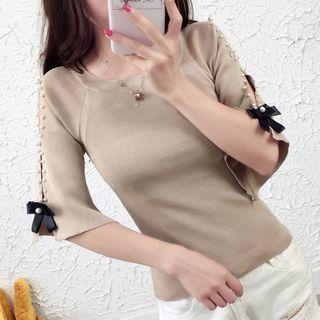 Faux Pearl Accent Elbow-sleeve Knit Top