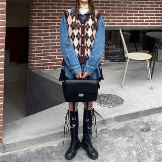 Long-sleeve Denim Shirt / Argyle Knit Vest