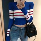 Long-sleeve Color Block Knit Top Blue - One Size