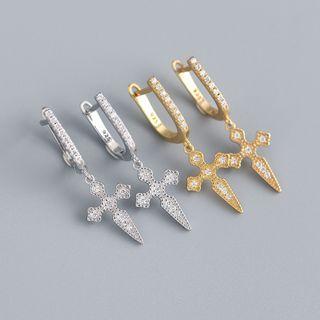 925 Sterling Silver Rhinestone Cross Drop Earring