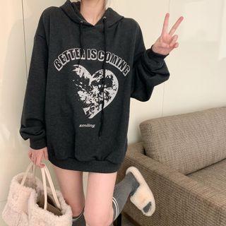 Lettering Heart Print Hoodie Dark Gray - One Size