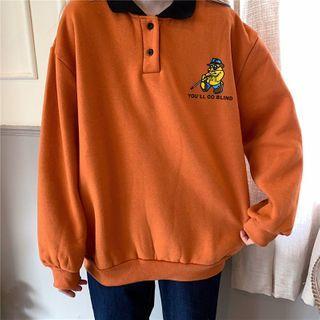 Cartoon Embroidered Polo-neck Pullover