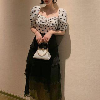 Set: Dotted Puff-sleeve Blouse + Midi A-line Mesh Skirt