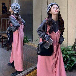 Plain Sweatshirt / Button-up Maxi Overall Dress