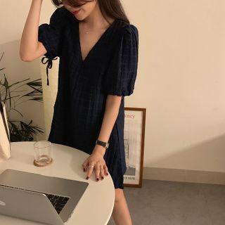 V Collar Short-sleeve Dress Dark Blue - One Size
