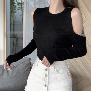 Off-shoulder Plain Knit T-shirt