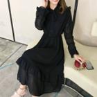 Long-sleeve Frill Trim Midi Chiffon Dress