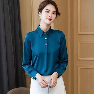 Long-sleeve Collared Silky Blouse