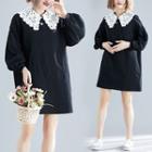 Plain Lantern-sleeve Dress Black - F