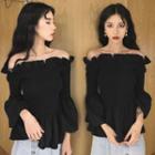 Ruffle Trim Cold Shoulder Blouse Black - One Size