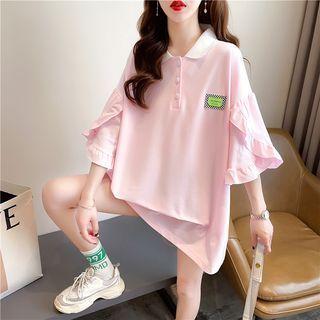 Elbow-sleeve Collar Ruffle Lettering T-shirt
