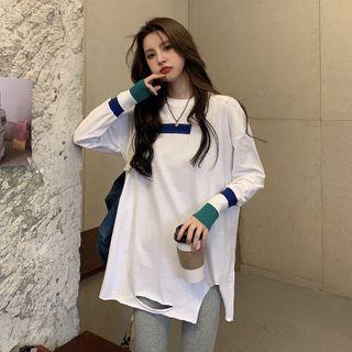 Long-sleeve Paneled Distressed T-shirt White - One Size