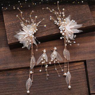 Wedding Set: Faux Pearl Mesh Petal Hair Clip + Fringed Earring