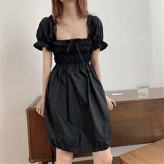 Plain Square-neck Puff-sleeve Dress