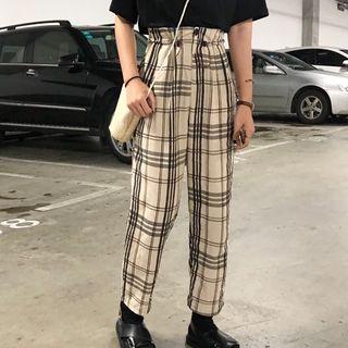 Printed Short Sleeve T-shirt / Plaid Straight Cut Pants