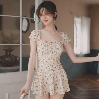 Set: Floral Cap-sleeve Swim Top + Swim Skort