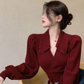 Collared Tie-waist Cropped Sweater
