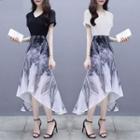 Short Sleeve V-neck Print Panel Dip-back Chiffon Dress