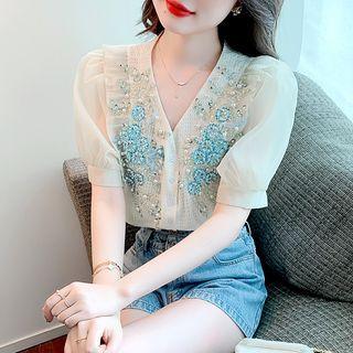 Short-sleeve Floral Beaded Blouse
