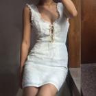 Sleeveless Frill Trim Lace-up Mini Lace Sheath Dress