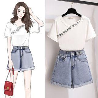 Short-sleeve Lettering T-shirt / High-waist Denim Shorts / Set