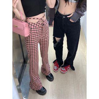 High-waist Check Boot-cut Pants