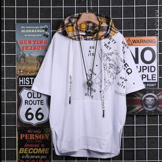 Short-sleeve Cartoon Print Plaid Hoodie