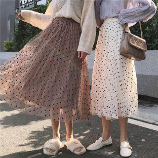 Dotted Midi A-line Pleated Mesh Skirt