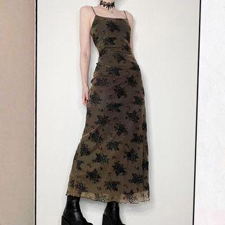 Spaghetti Strap Rose Mesh Panel Maxi Dress