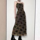 Spaghetti Strap Rose Mesh Panel Maxi Dress