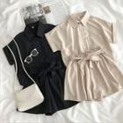 Set:plain Single-breasted Short-sleeve Top + High-waist Shorts