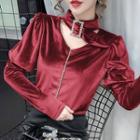 Puff-sleeve Collared Cut-out Velvet Top
