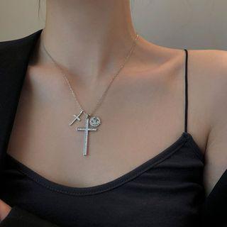 925 Sterling Silver Smiley & Cross Pendant Necklace Xl0834 - Gold - One Size