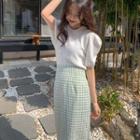 Puff-sleeve Knit Top / Gingham Midi A-line Skirt