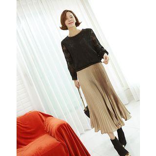 Band-waist Satin Accordion-pleat Long Skirt