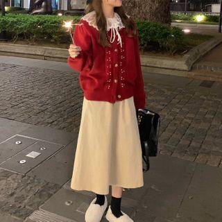 Long-sleeve Top / Cardigan / Midi A-line Skirt