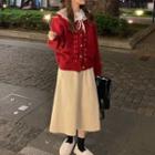 Long-sleeve Top / Cardigan / Midi A-line Skirt